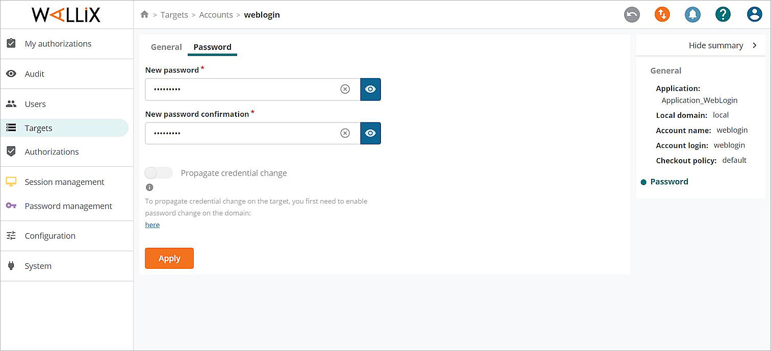 Screen shot of the Password tab